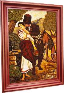 Козак и девушка возле колодца —  картина из янтаря