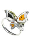 Срібний перстень з різьбленими бурштиновими каменями «Метелик»