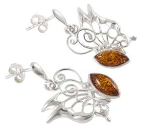 Сережки-пусети срібні з бурштину «Метелики»