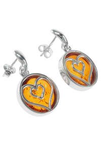 Серебряные серьги-пусеты с янтарем «Сердца»