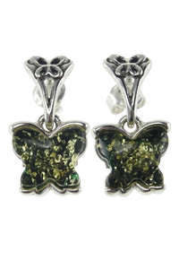 Срібні сережки-пусети з бурштином «Метелики»