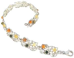 Серебряный браслет с цветными янтарными кабошонами «Ажур»