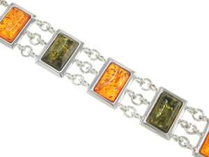 Серебряный браслет с сочетанием янтаря медового и зеленоватого оттенков