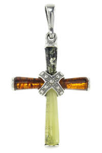 Серебряный крестик с янтарными вставками