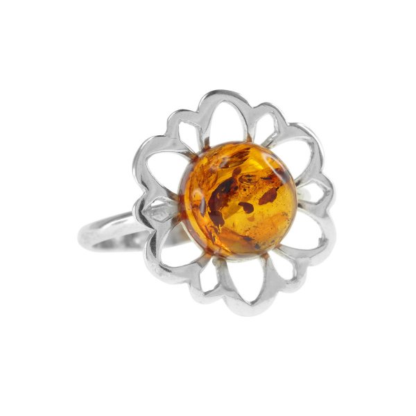 Серебряное кольцо с янтарем «Ромашка»