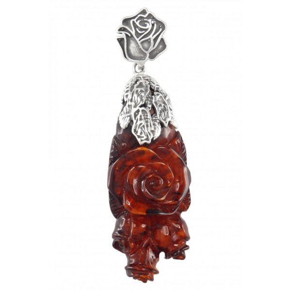 Бурштиновий кулон з різьбленням «Троянда з бутонами»