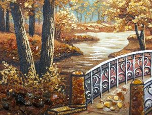 Картина, янтарь «Мост в осеннем парке».