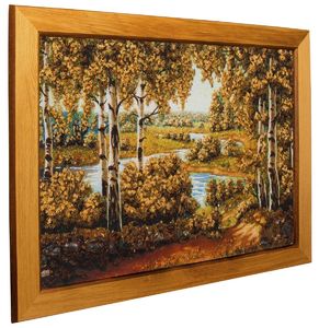 Картина из янтаря «Березовая роща и река»