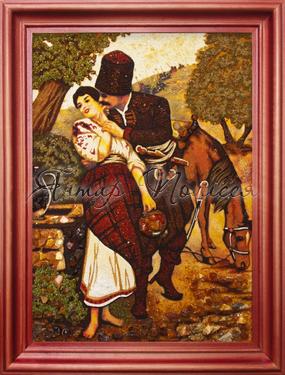 Козак и девушка возле колодца — картина из янтаря