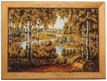 Картина из янтаря «Березовая роща и река»