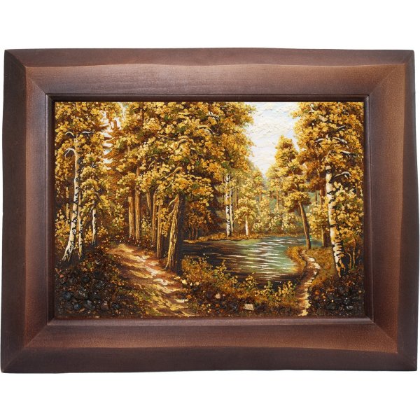Пруд в лесу- картина из янтаря