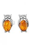 Срібні сережки-пусети з бурштином «Сова»