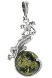 Кулон из серебра с зеленым янтарем «Ящерица»