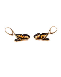 Сережки срібні з бурштином та позолотою «Метелики»