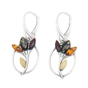 Сережки срібні з бурштином "Квіти"