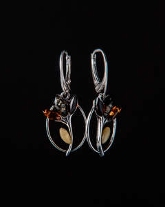 Сережки срібні з бурштином "Квіти"