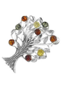 Серебряная брошь с разноцветным янтарем «Яблонька»