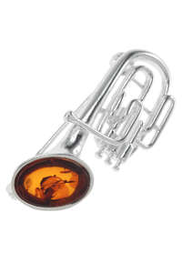 Серебряная брошь с янтарем «Музыкальная труба»