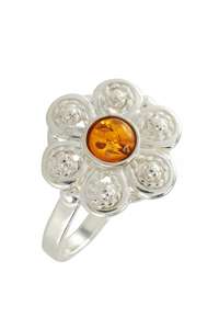 Серебряное кольцо с янтарным кабошоном «Цветок»