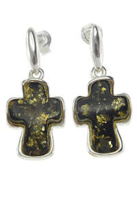 Серебряные серьги с янтарными крестиками