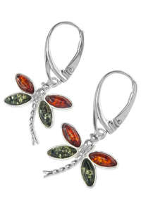 Серебряные сережки с янтарем «Стрекозы»