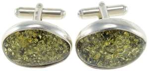 Серебряные запонки с зеленым янтарем