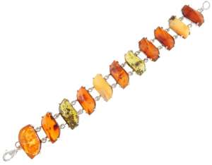 Серебряный браслет с разноцветными янтарными звеньями