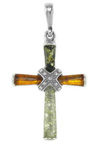 Срібний хрестик з бурштиновими вставками