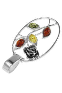 Срібний кулон з різнобарвним бурштином «Троянда»