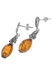 Сережки-пусети з чорненого срібла з бурштином «Політ метеликів»