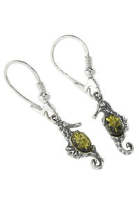 Сережки з бурштином і сріблом «Морські коники»