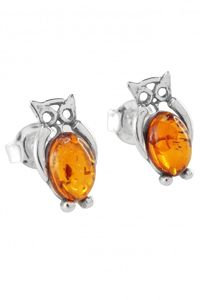Срібні сережки-пусети з бурштином «Сова»