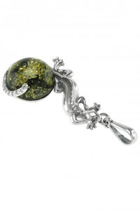 Кулон из серебра с зеленым янтарем «Ящерица»