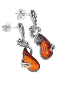 Сережки-пусети з чорненим сріблом і бурштином «Змійки»