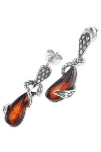 Сережки-пусети з чорненим сріблом і бурштином «Змійки»