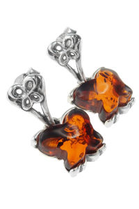 Срібні сережки-пусети з бурштином «Метелики»