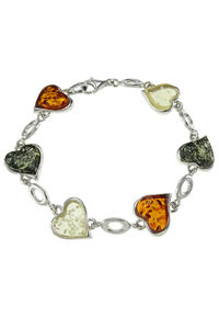 Серебряный браслет с янтарем «Сердца»