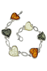 Срібний браслет з бурштином «Серця»