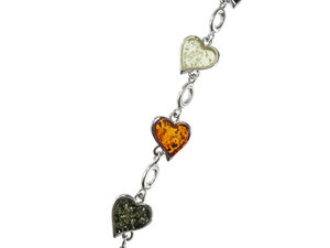 Срібний браслет з бурштином «Серця»