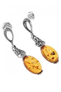 Срібні сережки-пусети з бурштином «Політ метеликів»