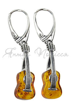Серебряные серьги с янтарем «Гитары»