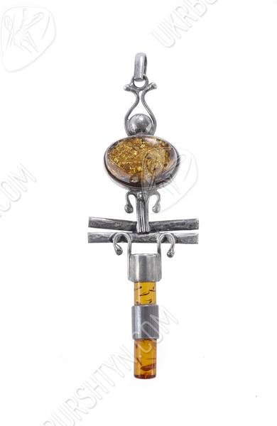 Кулон-крестик из серебра с янтарем