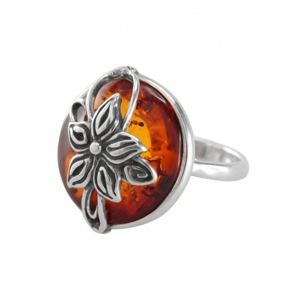 Перстень з бурштином і чорненим сріблом «Сонячна квітка»