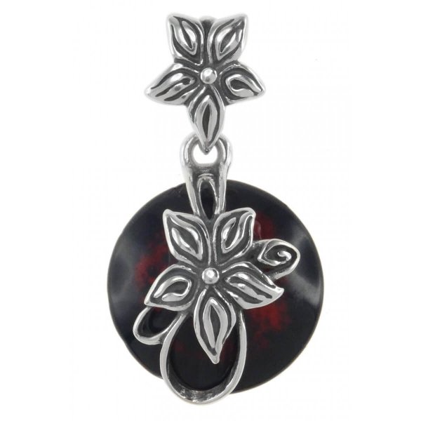 Кулон с черненым серебром и темным янтарем «Солнечный цветок»