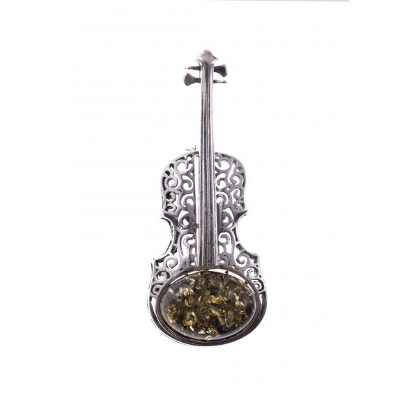 Серебряная брошь с янтарем «Скрипка»