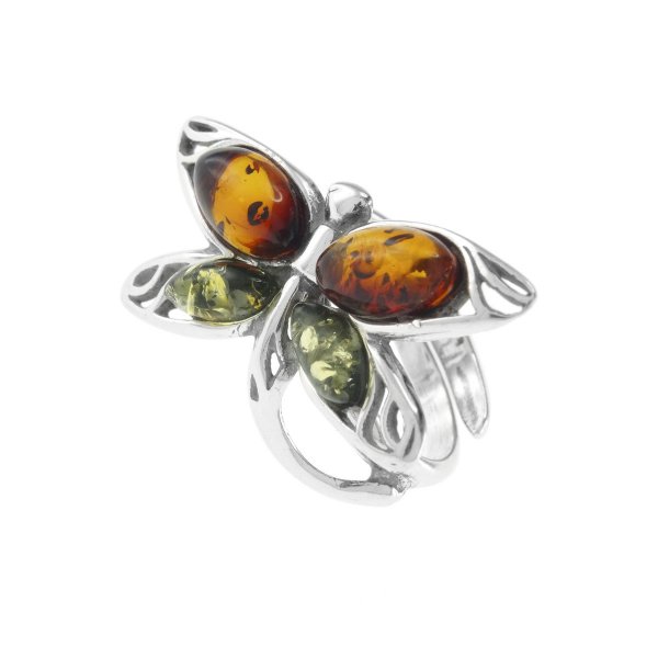Серебряное кольцо с камнями янтаря «Бабочка»