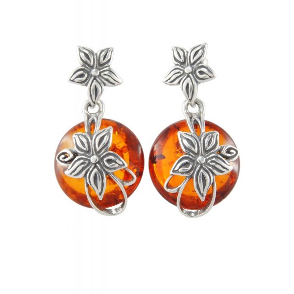Срібні сережки з бурштином «Сонячні квіти»