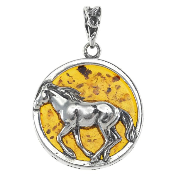 Серебряный кулон с янтарем «Лошадь»