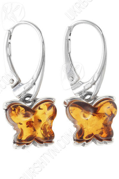 Срібні сережки з бурштином «Метелики»
