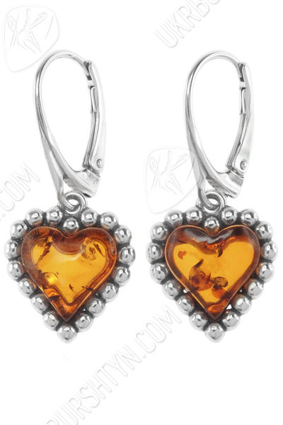 Сережки з бурштином і сріблом «Серця»